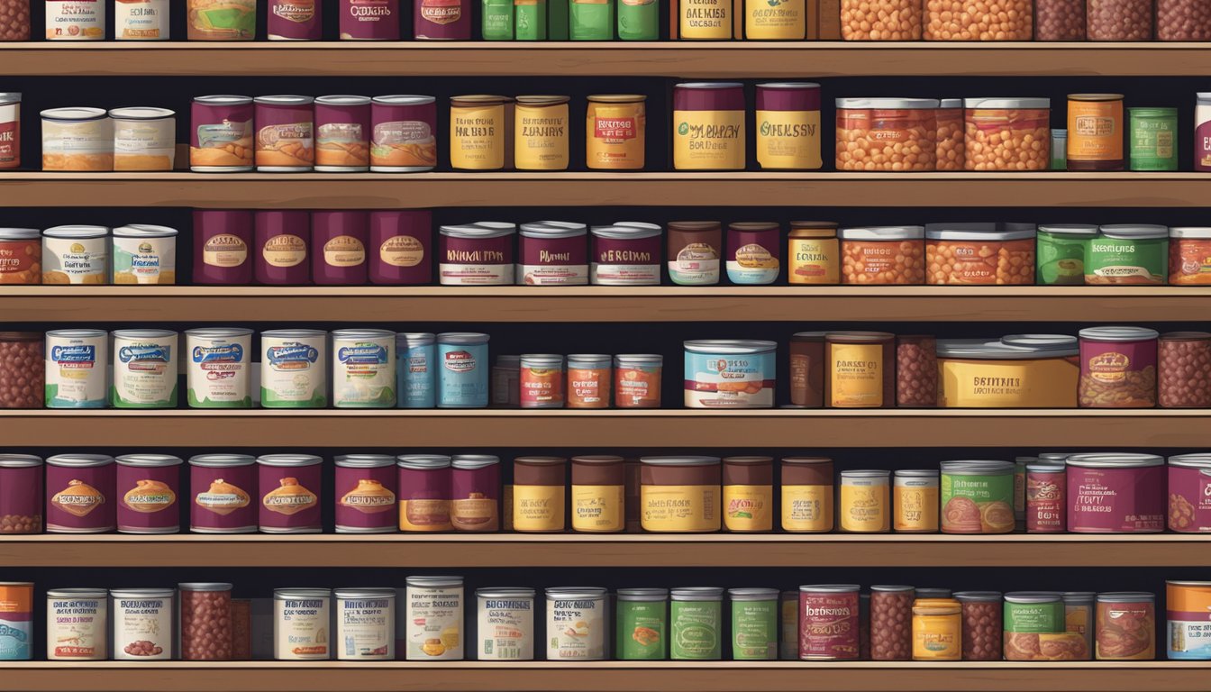 A pantry shelf with rows of canned kidney beans, some with expiration dates visible