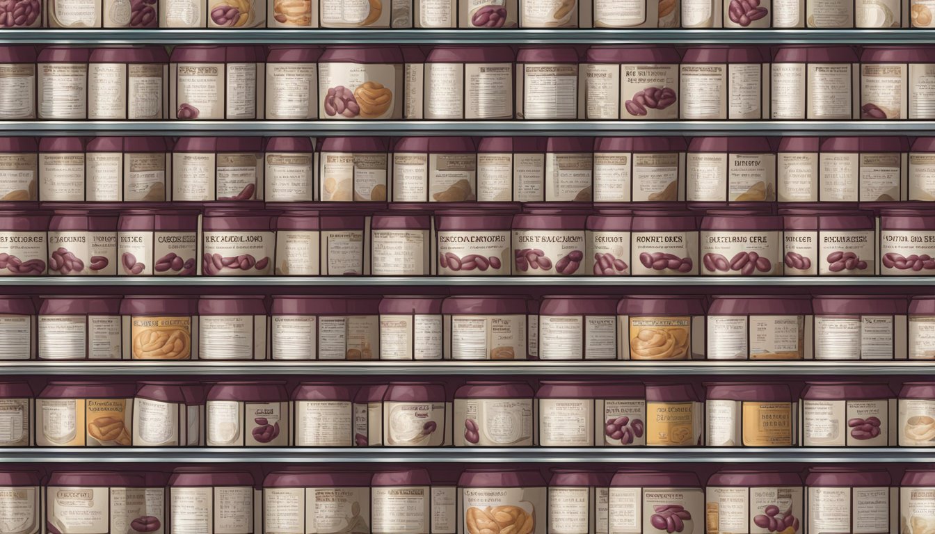 A pantry shelf filled with neatly arranged canned kidney beans, with expiration dates clearly visible on the labels