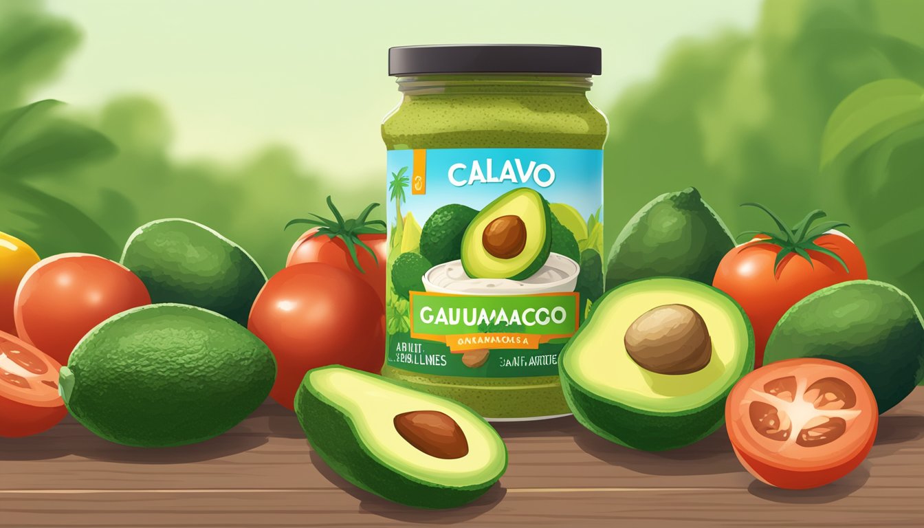 A jar of Calavo Authentic Guacamole sits on a shelf, surrounded by avocados, tomatoes, and limes. The label indicates the product's shelf life