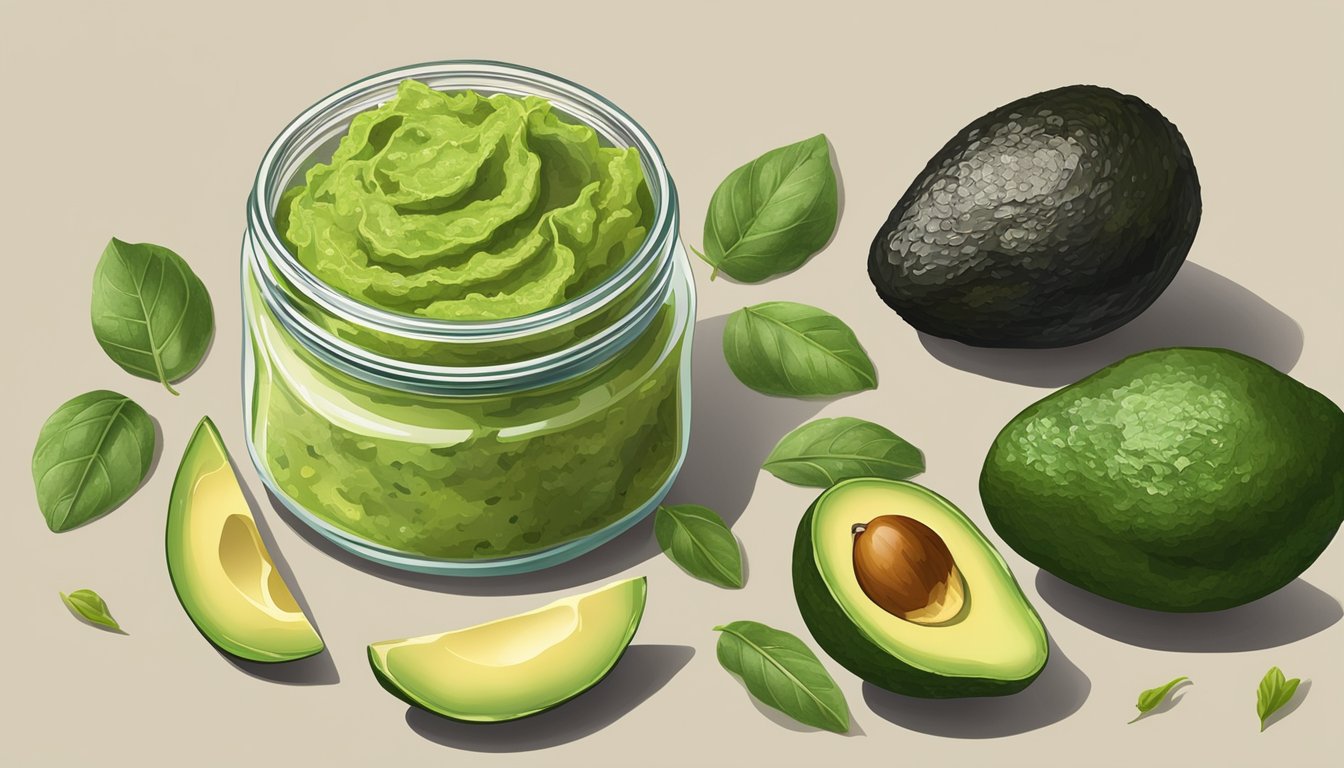 A half-opened jar of Calavo Authentic Guacamole with mold growing on the surface, surrounded by wilted avocado leaves