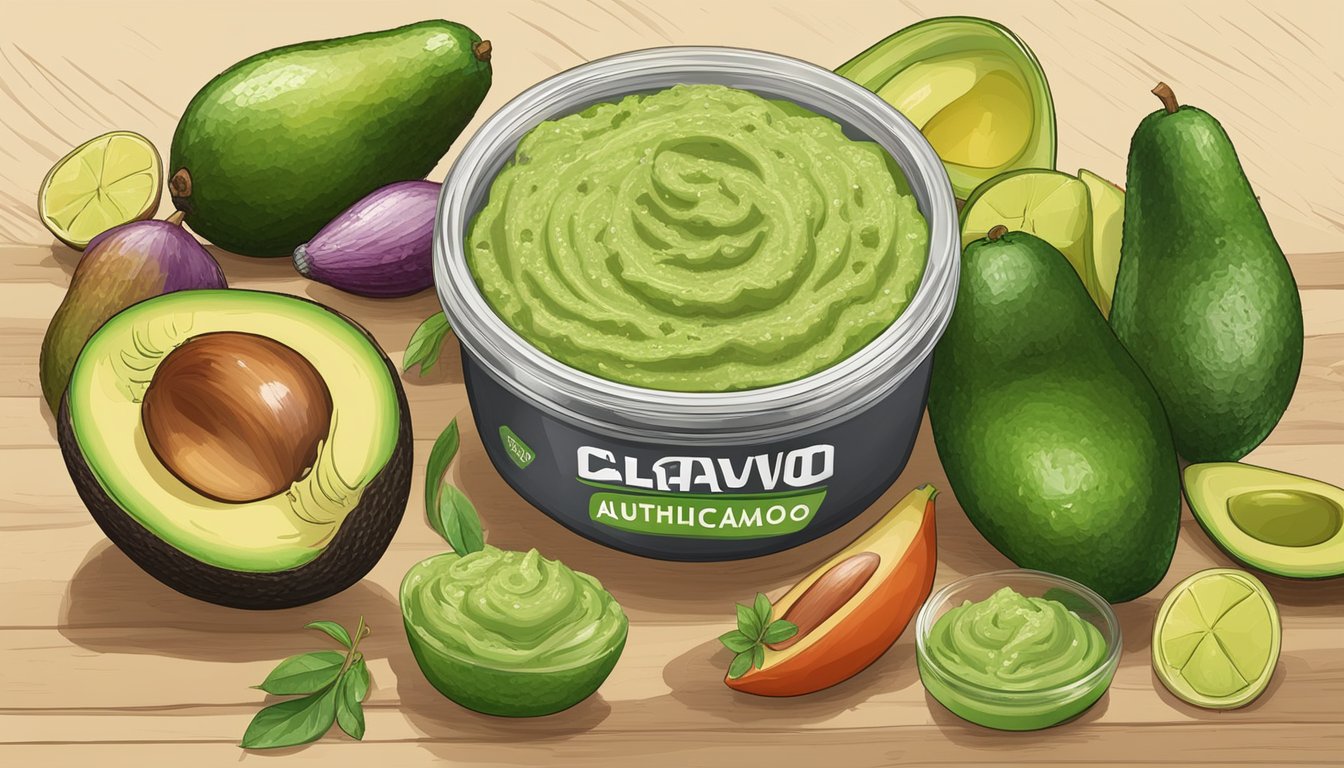 A sealed container of Calavo Authentic Guacamole with a "best by" date visible, surrounded by fresh avocados and other ingredients