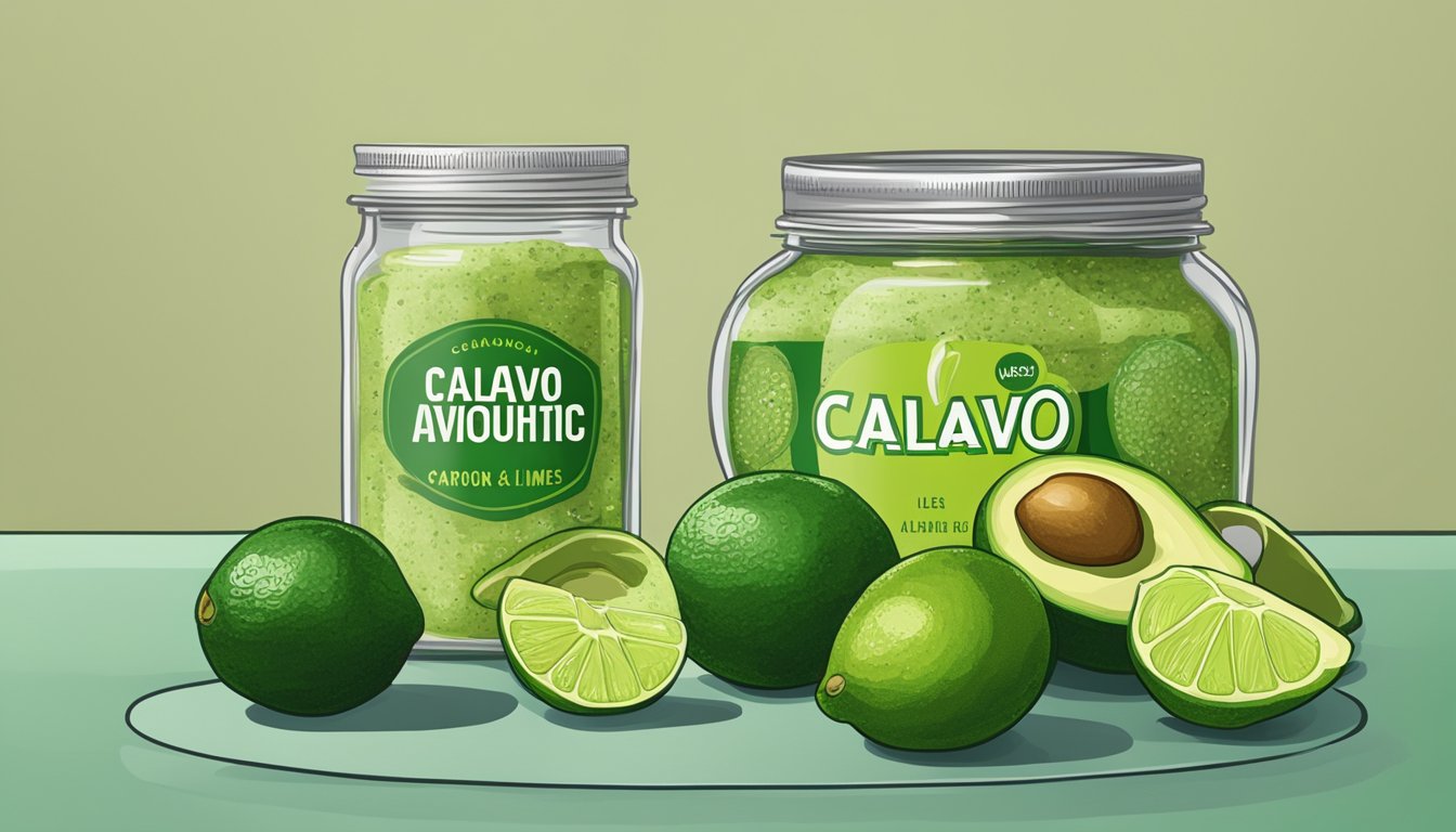 A jar of Calavo Authentic Guacamole sits on a shelf, surrounded by fresh avocados and limes. The jar is sealed and labeled with the product name and expiration date