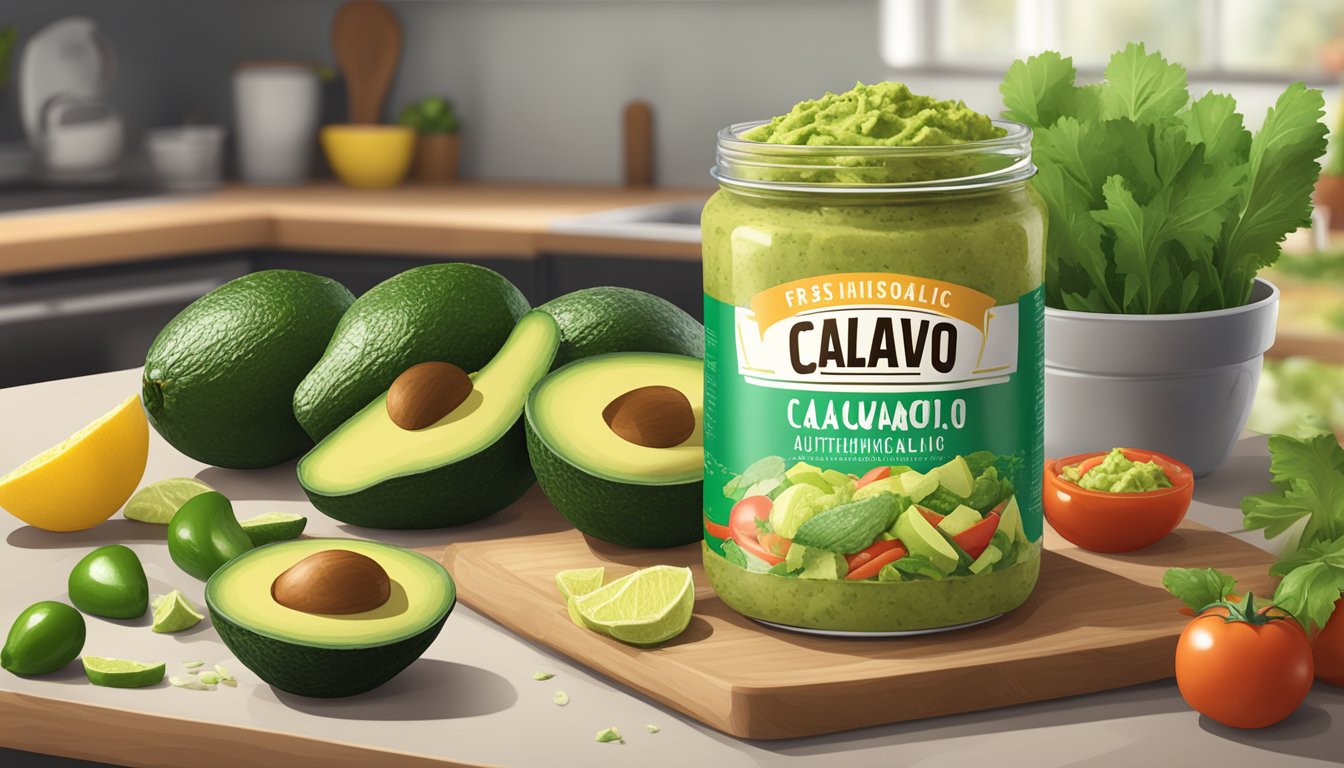 A jar of Calavo Authentic Guacamole sits unopened on a kitchen counter, surrounded by fresh vegetables and tortilla chips