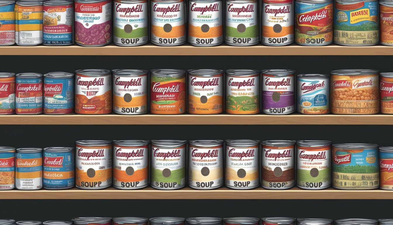 A pantry shelf with rows of Campbell's Chunky Soup cans, some partially obscured by other items, with expiration dates visible on the labels