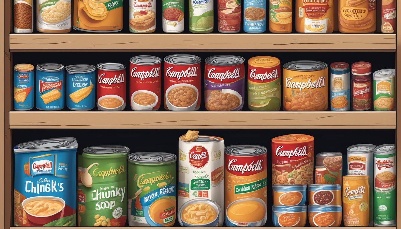 A pantry shelf with a can of Campbell's Chunky Soup surrounded by various food items and expiration date labels