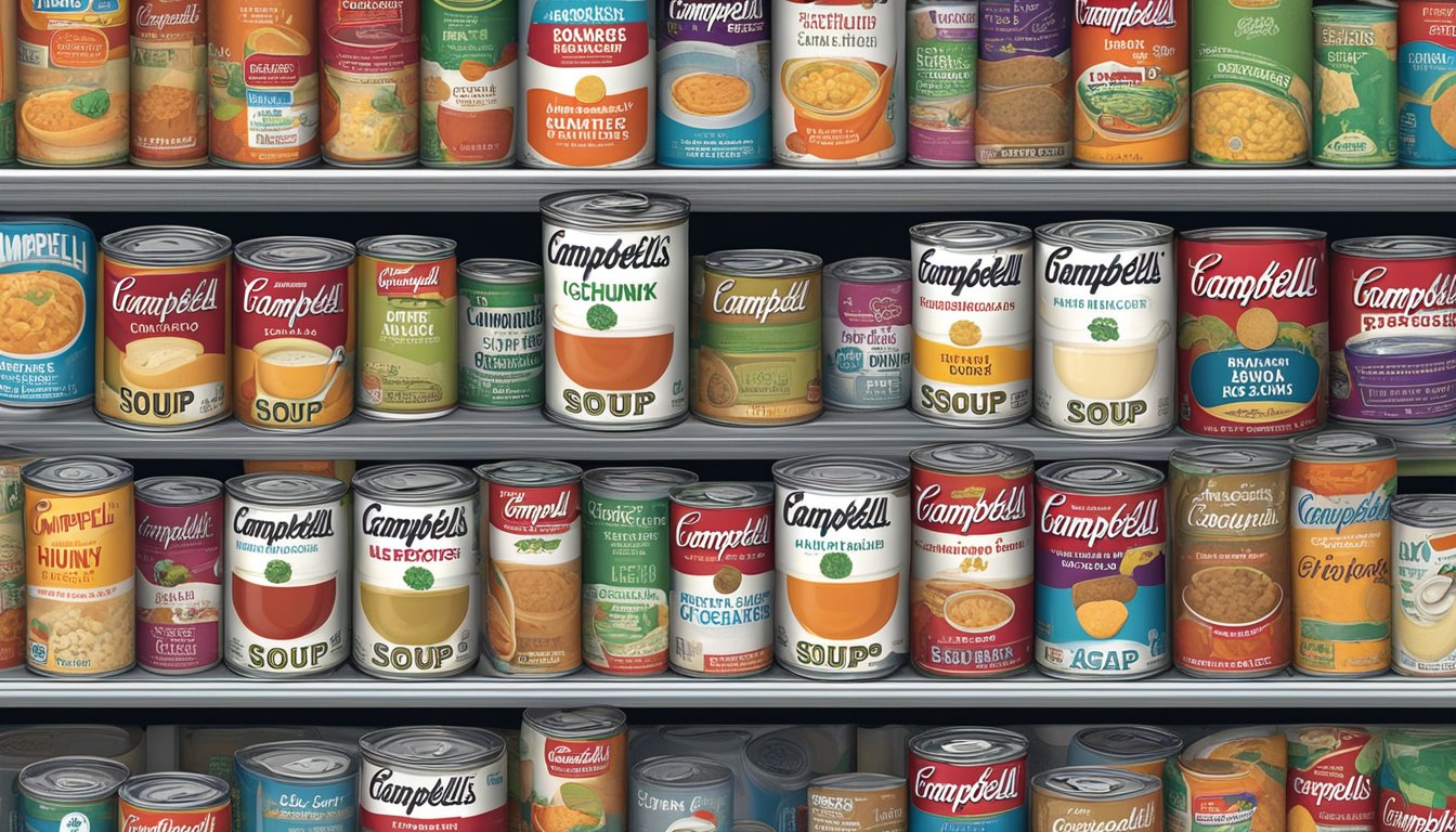 A can of Campbell's Chunky Soup sits on a shelf, surrounded by other canned goods. The expiration date is clearly visible on the label