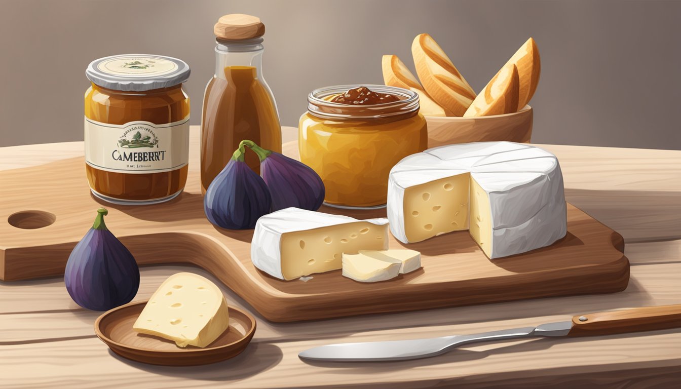 A wheel of Camembert cheese sits on a wooden cutting board, surrounded by a few slices of baguette and a small dish of fig jam