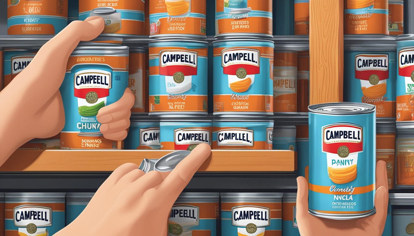 A pantry shelf with neatly organized cans of Campbell's Chunky Soup, a label indicating the expiration date, and a pair of hands placing a can on the shelf