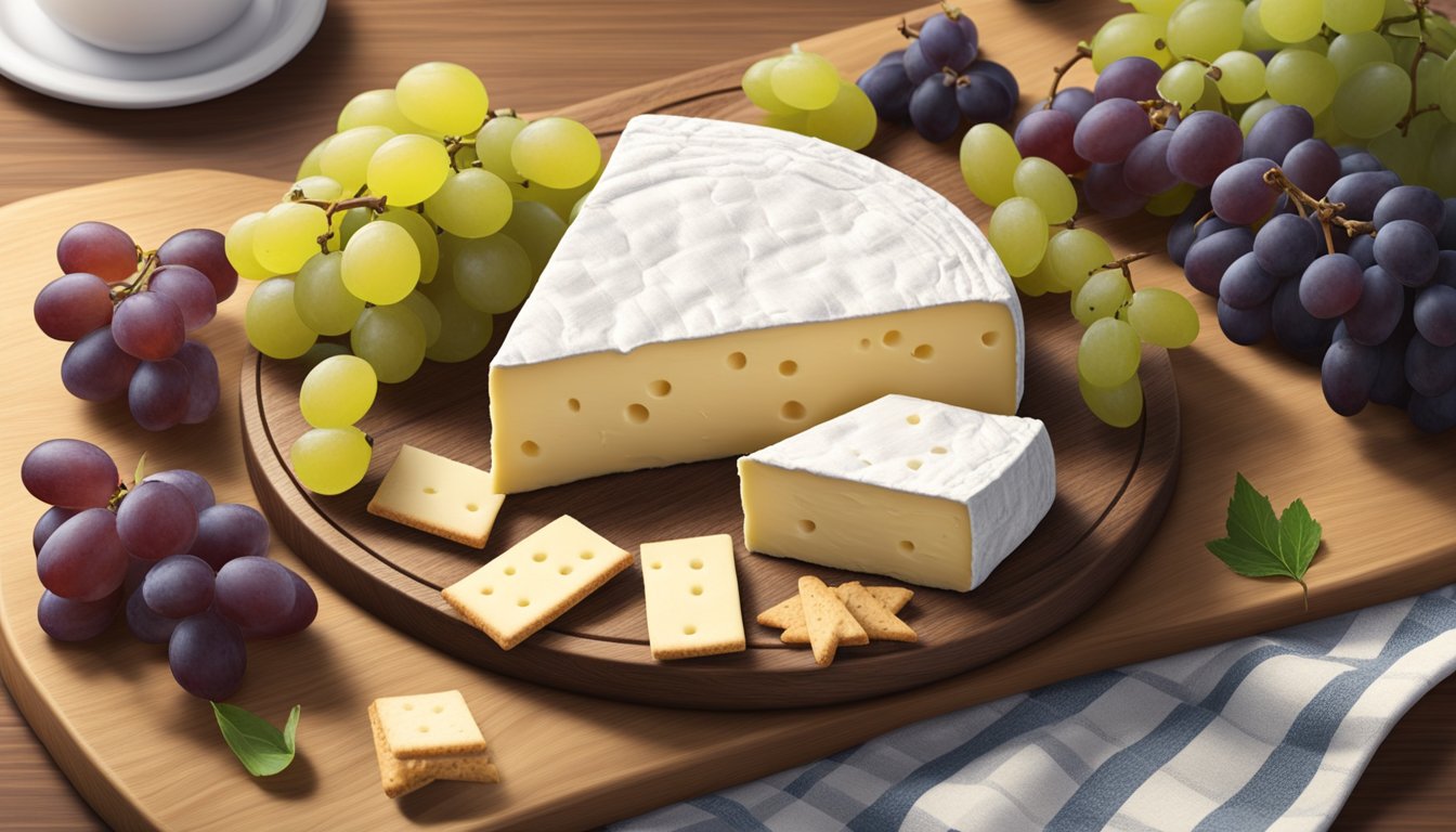 A wheel of Camembert cheese sits on a wooden cutting board, surrounded by a variety of crackers and grapes. A calendar on the wall shows the current date