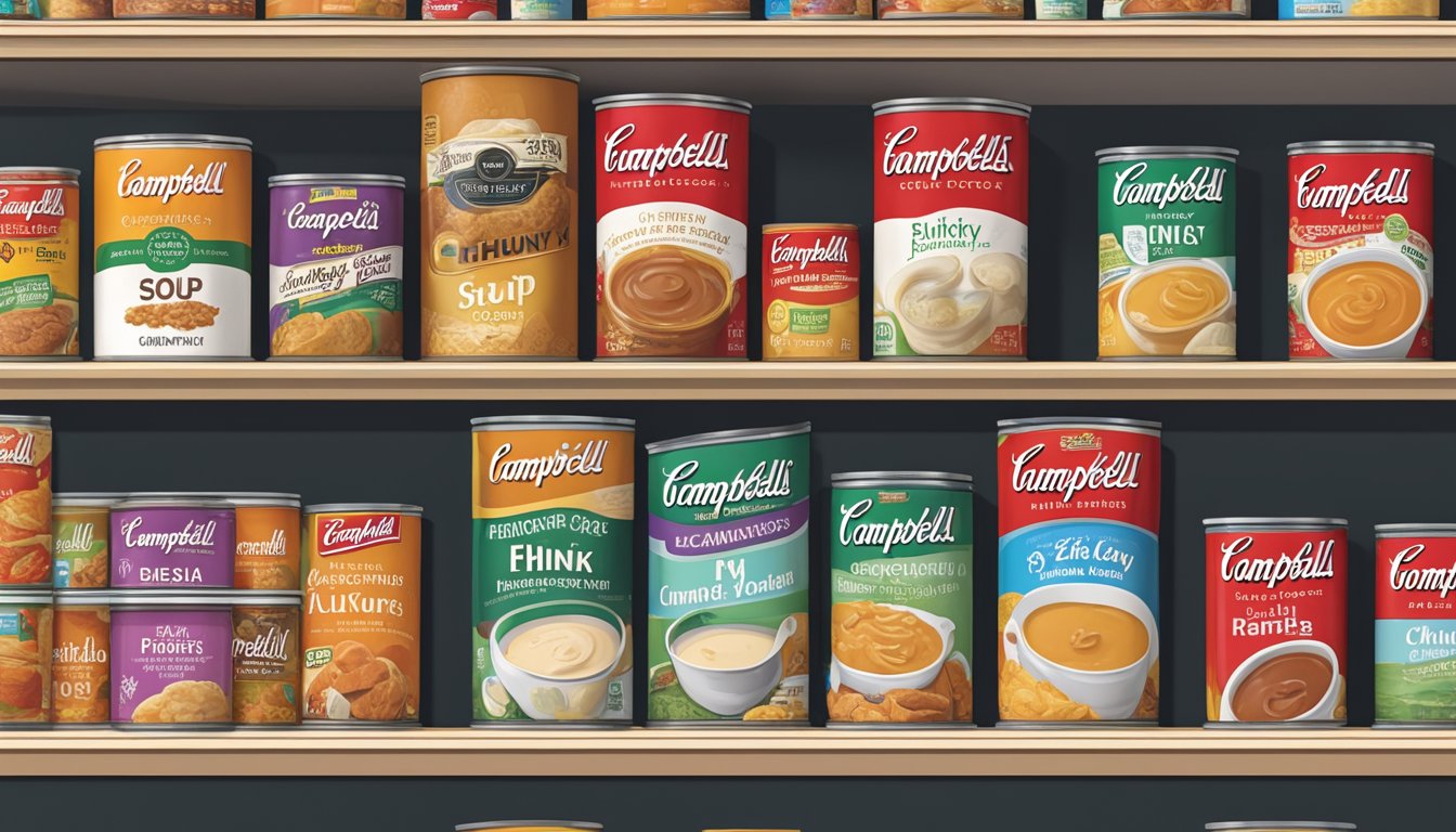 A pantry shelf with cans of Campbell's Chunky Soup, some showing expiration dates, others unopened