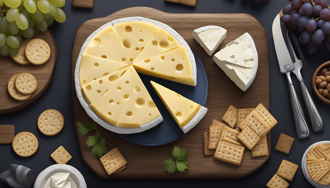 A wheel of Camembert cheese sits on a wooden cheese board, surrounded by grapes and crackers. The cheese is stored in a cool, dark environment to maintain its freshness