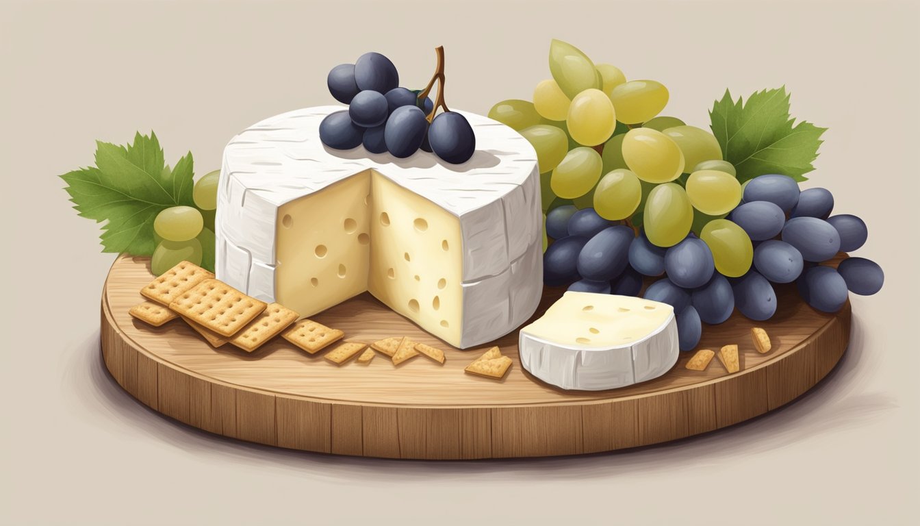 A wheel of Camembert cheese sits on a wooden cutting board, surrounded by grapes and crackers. The cheese is covered in a white rind and is slightly soft to the touch