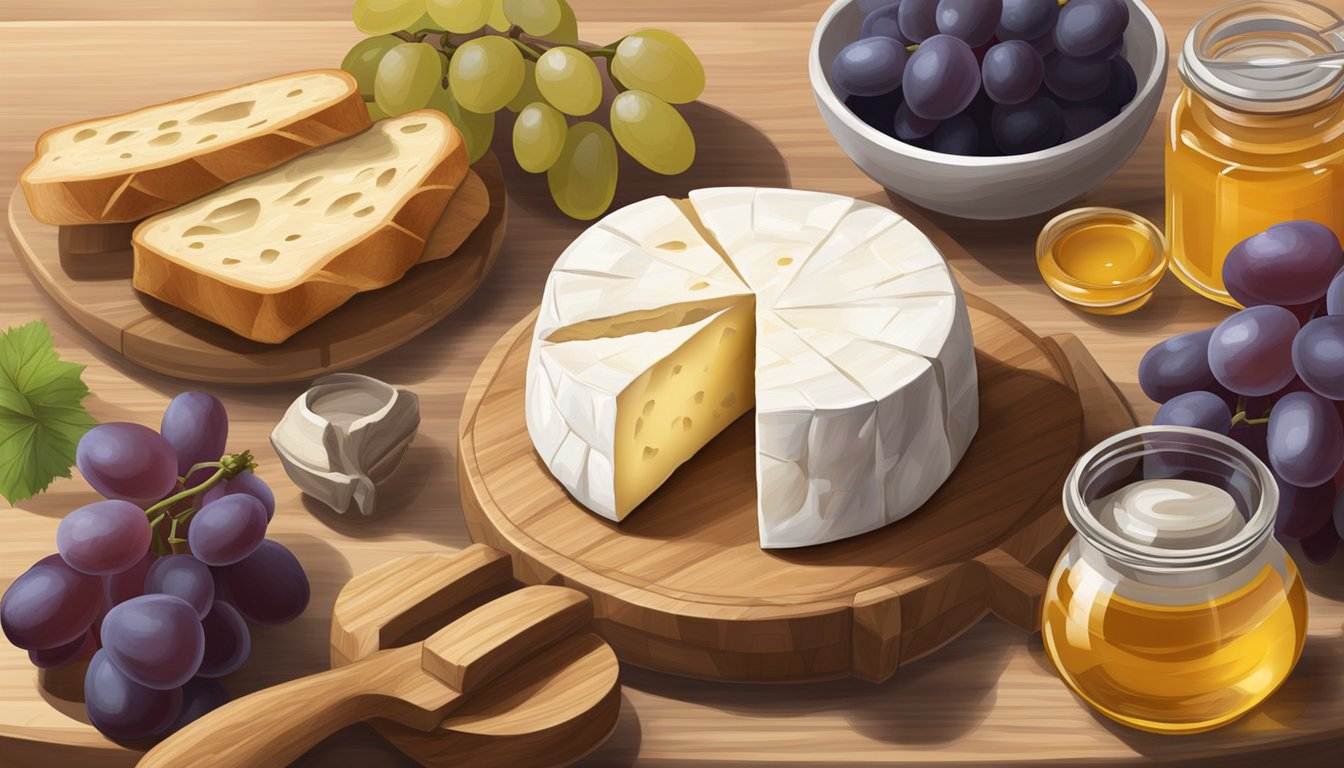 A wheel of Camembert sits on a wooden board, surrounded by slices of baguette, grapes, and a small jar of honey