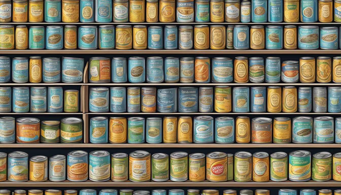 A pantry shelf with a row of canned anchovies, some with expiration dates visible