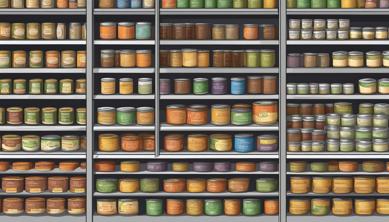 A pantry shelf with neatly organized rows of canned stew, with expiration dates clearly visible on the labels