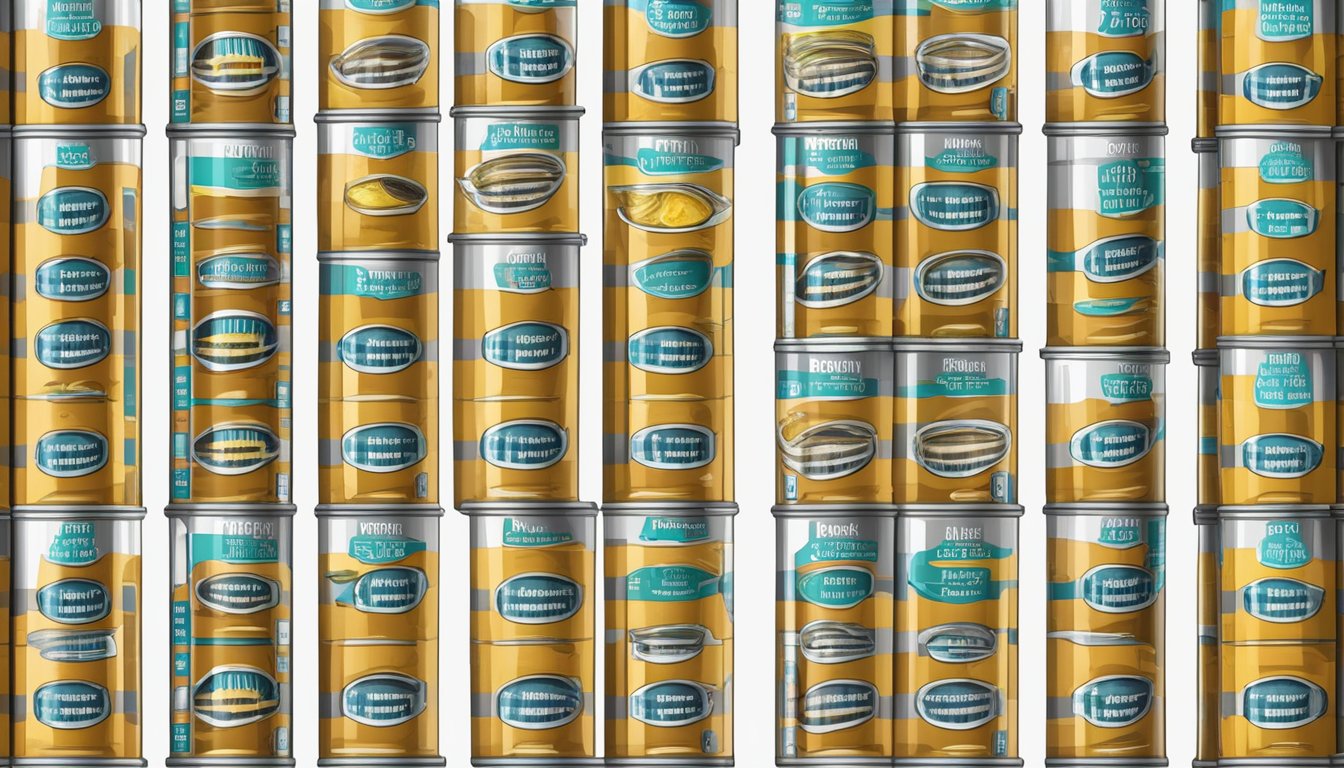 A pantry shelf with neatly organized rows of canned anchovies, some with expiration dates visible