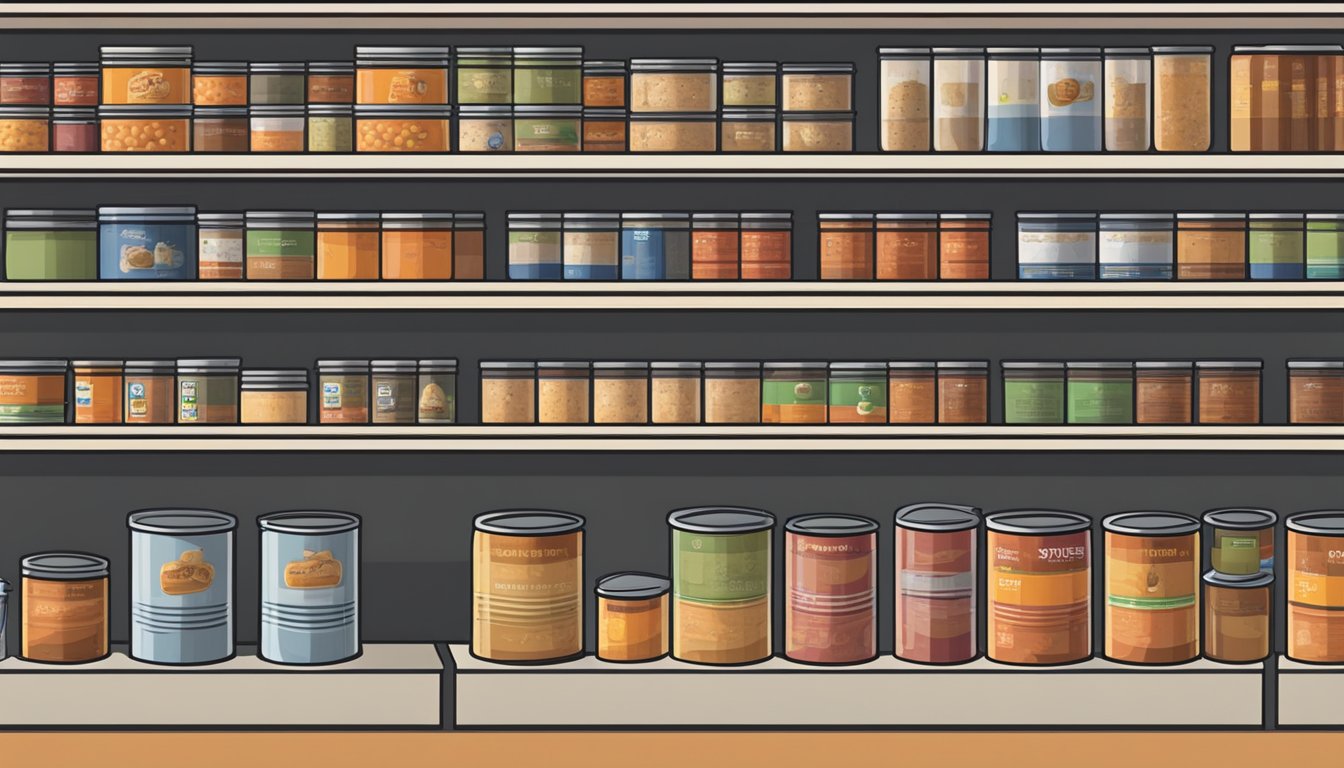 A pantry shelf with rows of canned stew, some with expiration dates