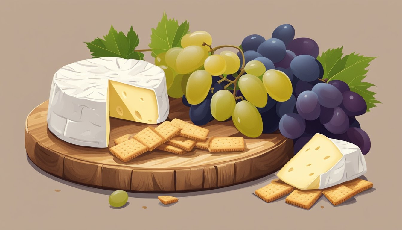 A wheel of Camembert sits on a wooden cheese board, surrounded by grapes and crackers. A faint aroma of ripe cheese fills the air