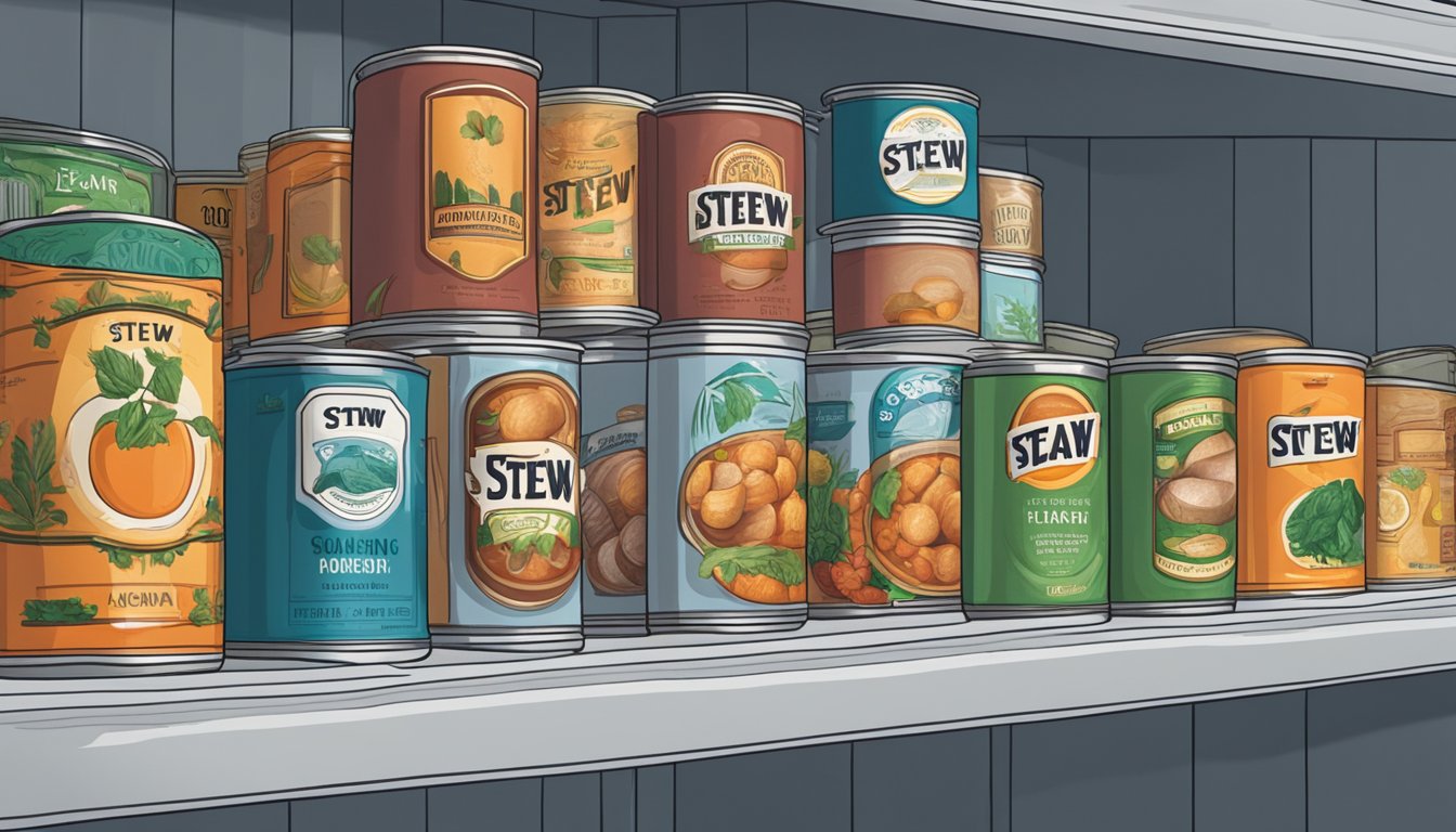 An open can of stew sits on a shelf, surrounded by other canned goods