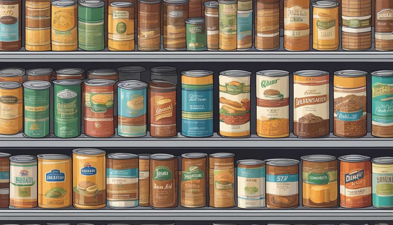 A pantry shelf with rows of canned stew, some with expiration dates visible