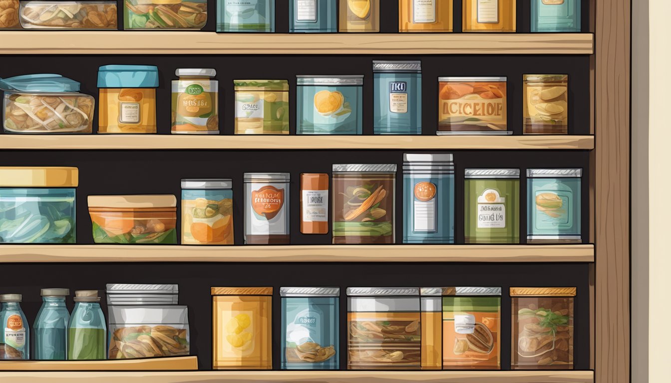 A pantry shelf with various canned goods, including a can of anchovies with a label indicating the expiration date