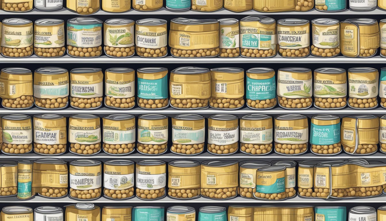 A pantry shelf with neatly stacked canned chickpeas, some with expiration dates visible