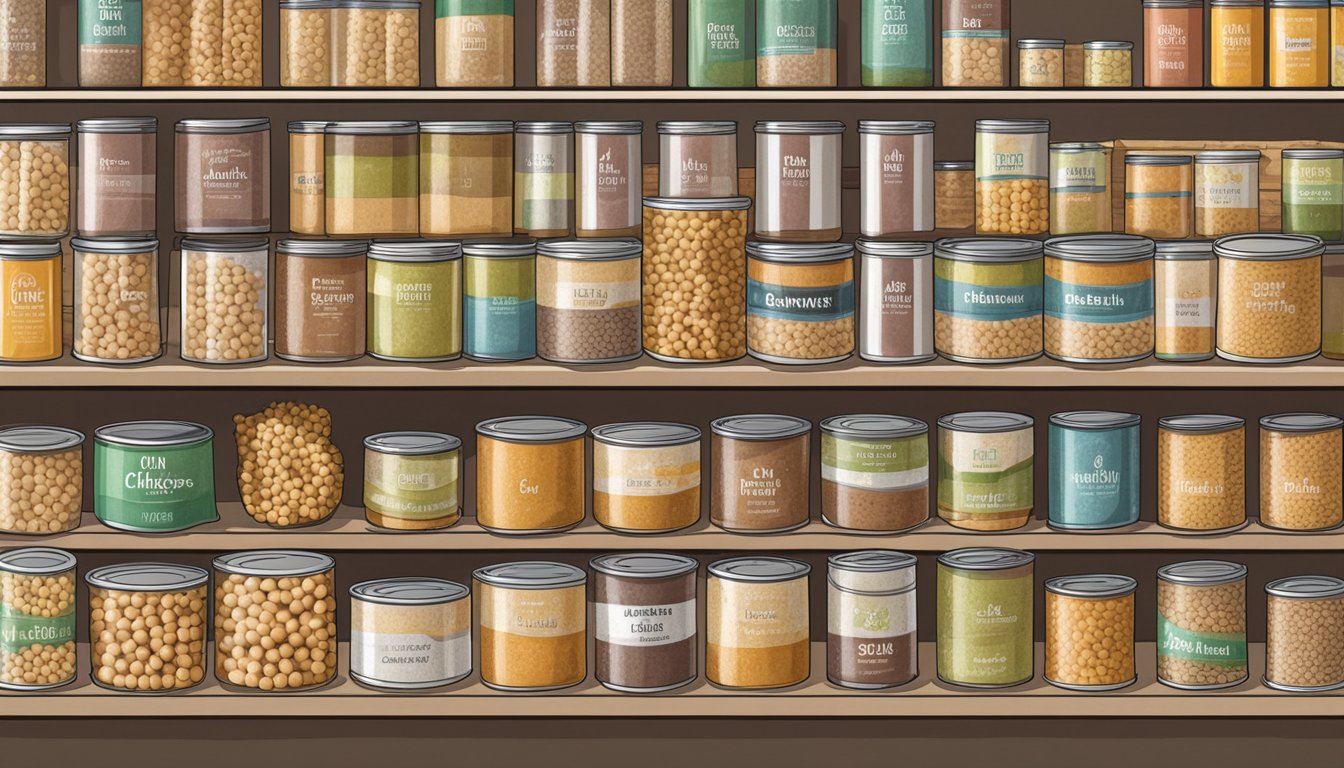 A pantry shelf with rows of canned chickpeas, some labeled with expiration dates, others covered in dust