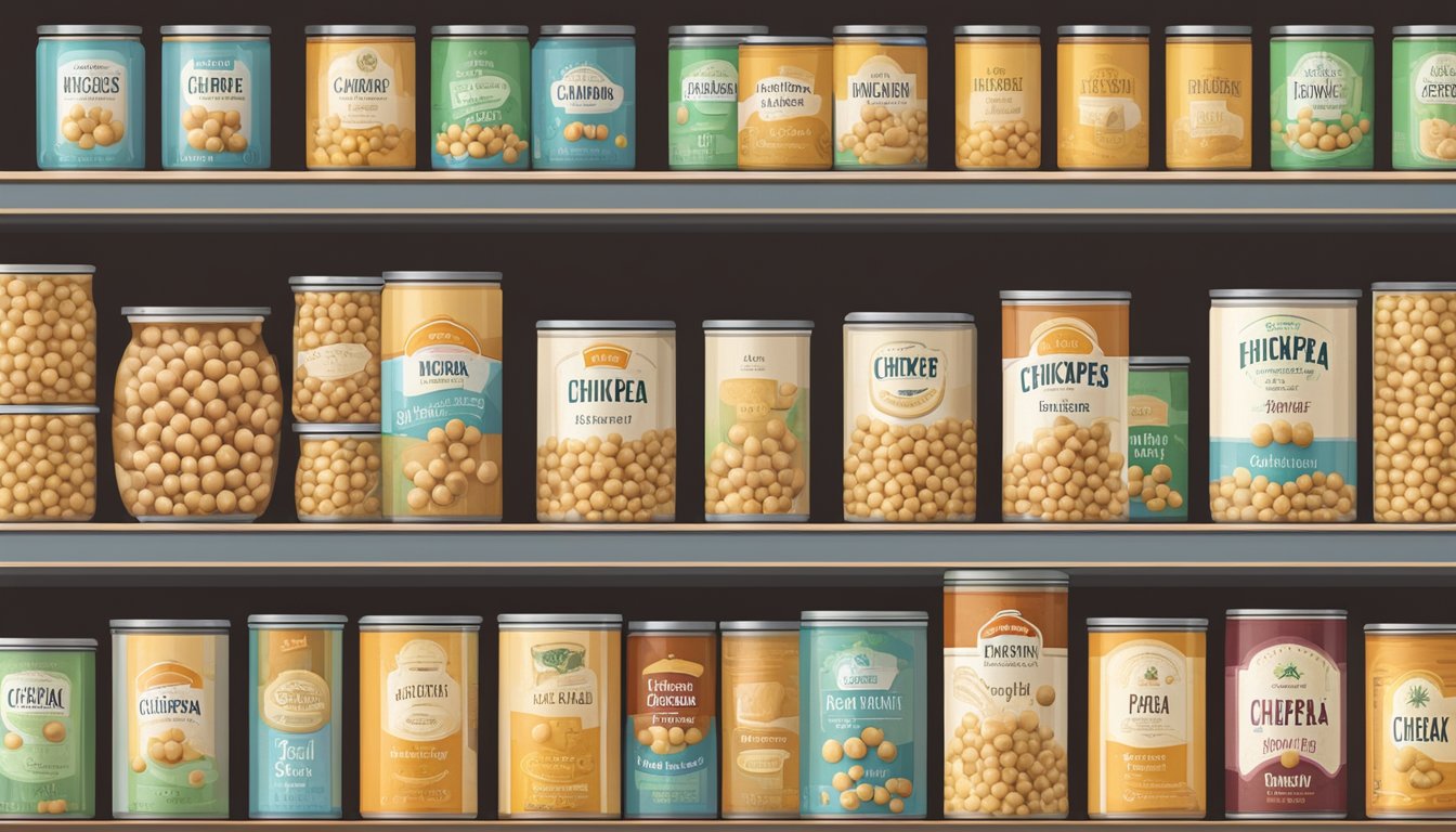 A pantry shelf with neatly arranged canned chickpeas, some showing expiration dates