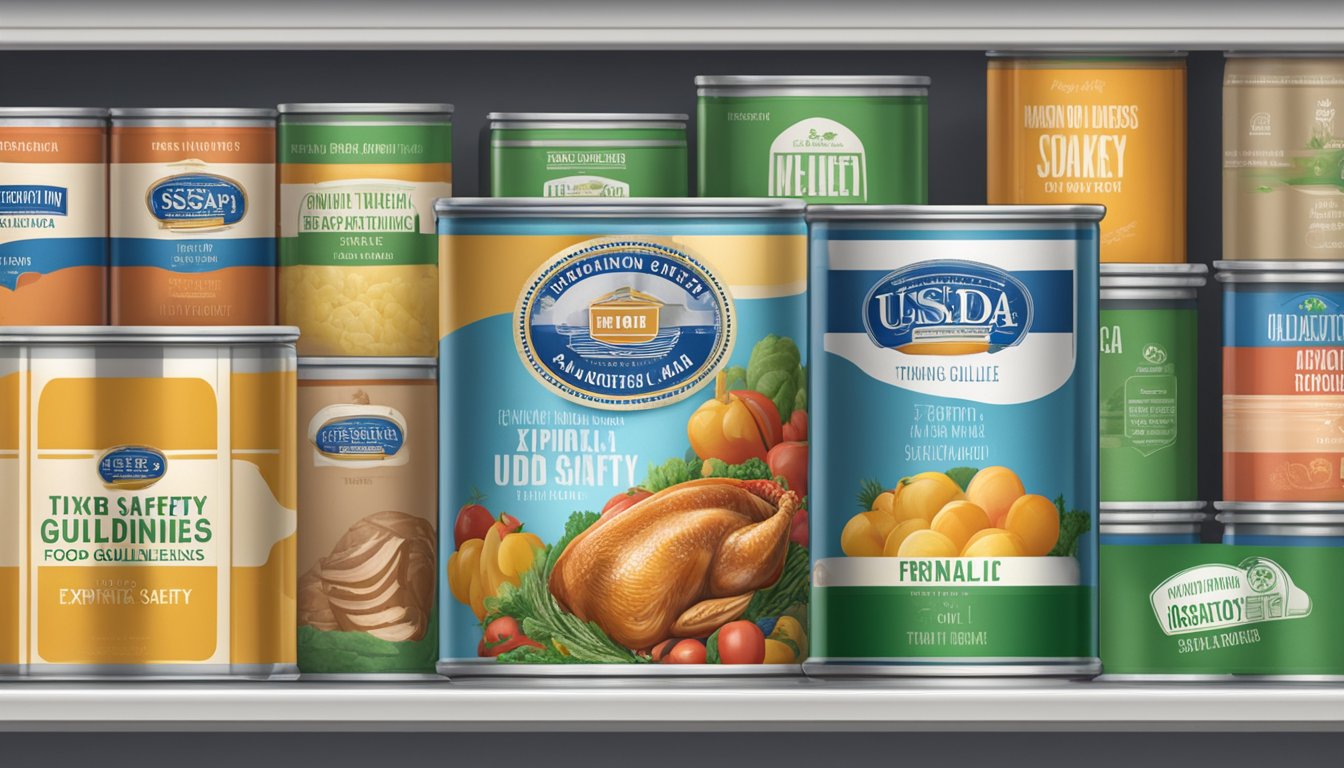 A can of turkey sits on a shelf, surrounded by other canned goods. The label displays the expiration date and the USDA seal for food safety guidelines