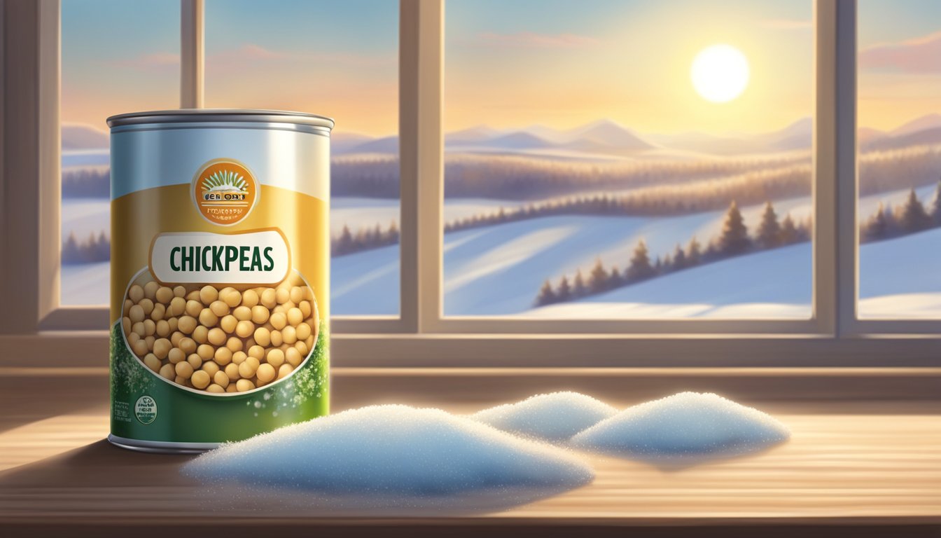 A can of chickpeas sits on a shelf, surrounded by frost and ice. A nearby window shows the sun beginning to thaw the frozen landscape outside