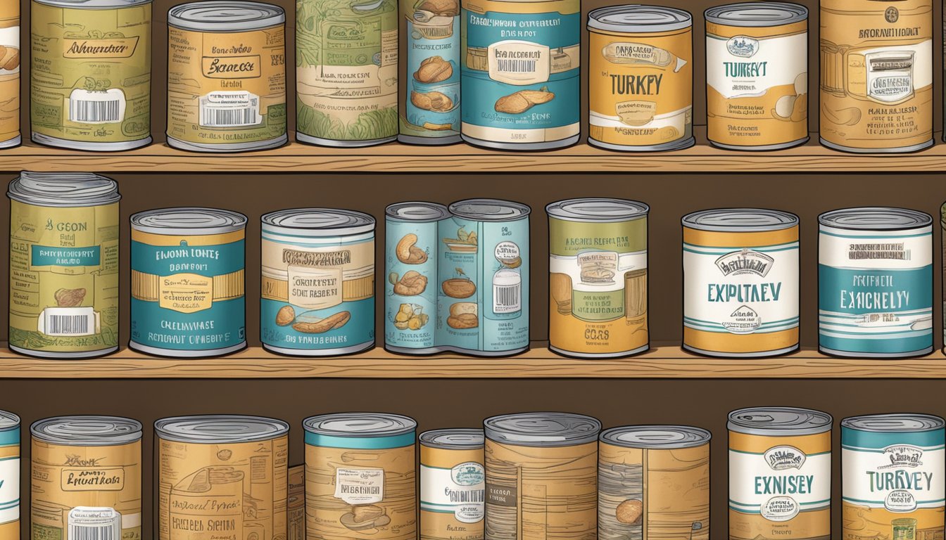 A pantry shelf with neatly organized canned turkey, expiration dates visible