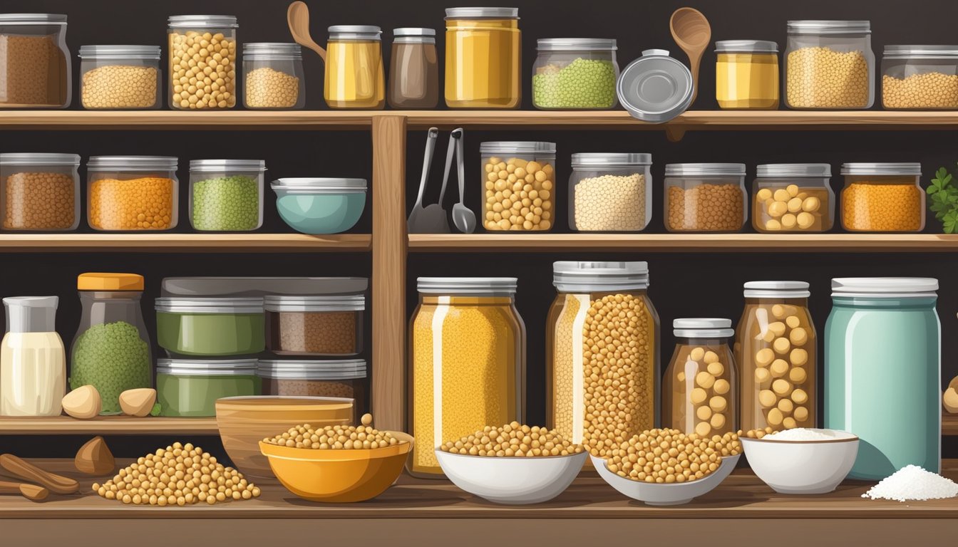 A pantry shelf with several cans of chickpeas, some open and others unopened, surrounded by various cooking utensils and ingredients