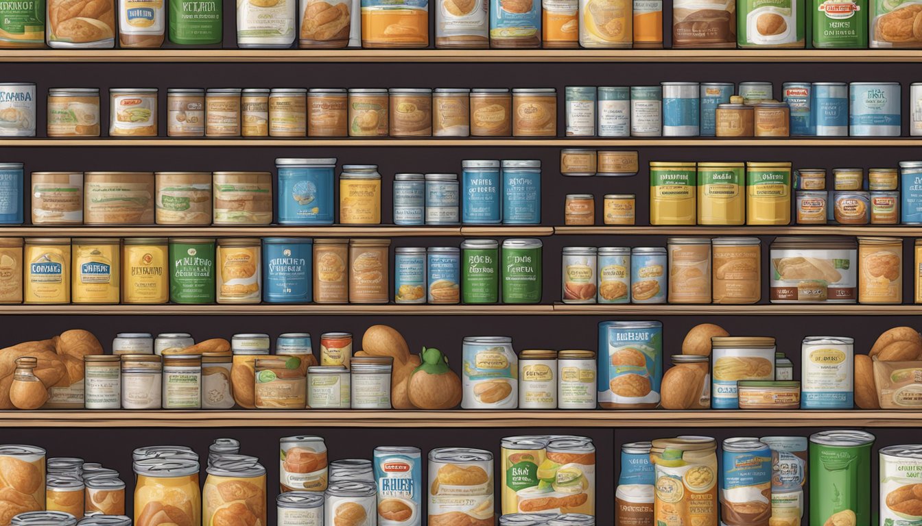 A pantry shelf with canned turkey, expiration date visible