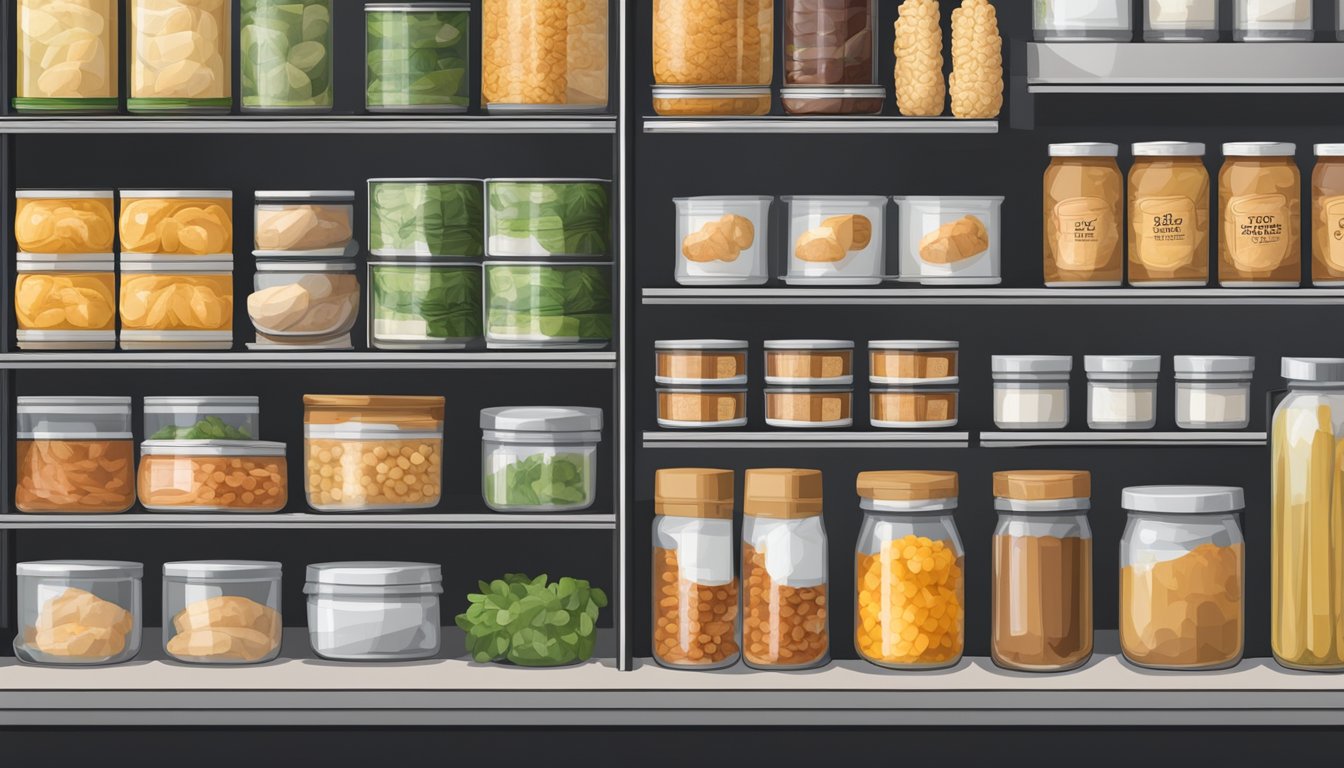 A pantry shelf with various canned goods, including canned chicken, neatly organized and labeled with expiration dates