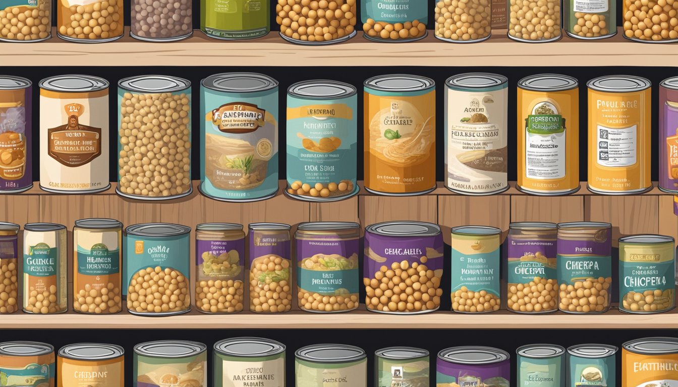 A pantry shelf with rows of neatly stacked canned chickpeas, some with expiration dates visible, surrounded by other preserved goods