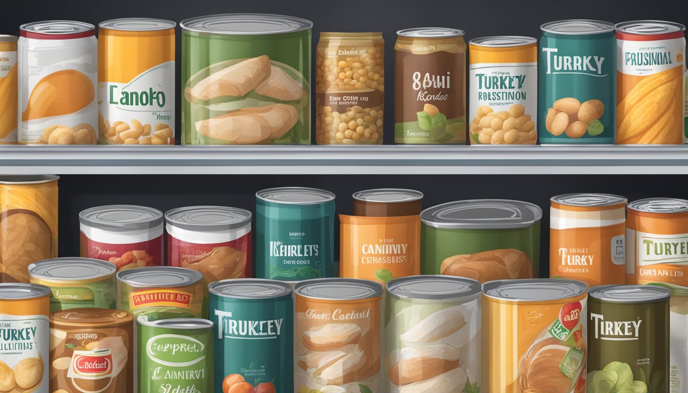 A pantry shelf filled with various canned foods, including canned turkey, with expiration dates visible on the labels