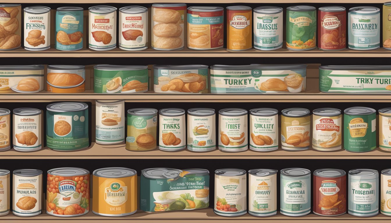 A pantry shelf with a row of canned turkey, expiration dates visible