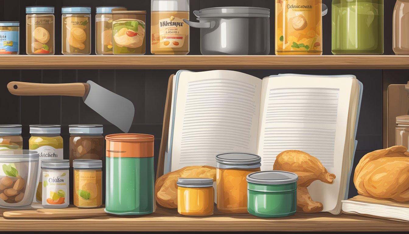 A pantry shelf with various canned goods, including a can of chicken, next to a recipe book and cooking utensils