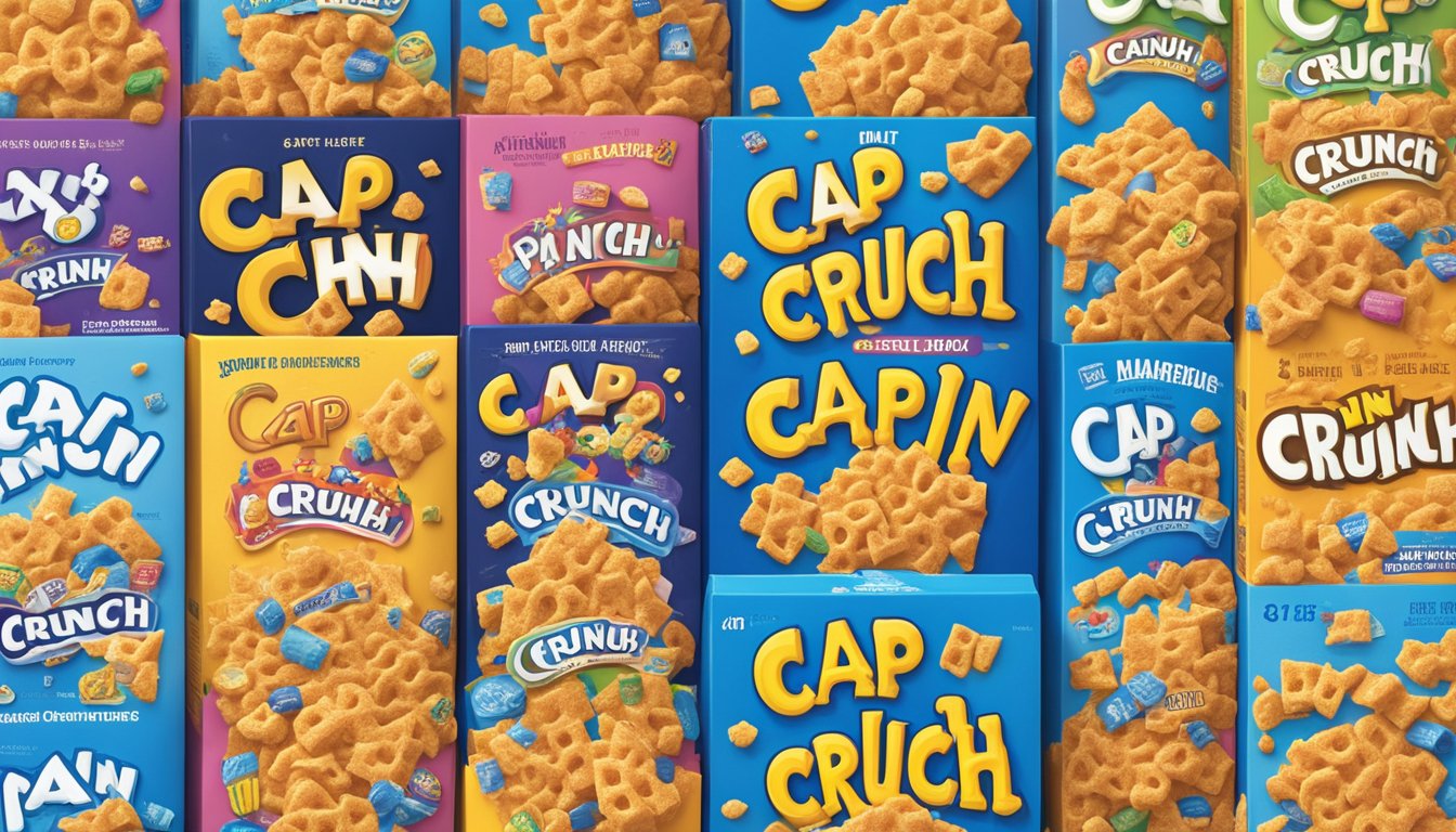 A box of Cap'n Crunch cereal sits on a shelf, surrounded by other cereal boxes. The expiration date is clearly visible on the packaging