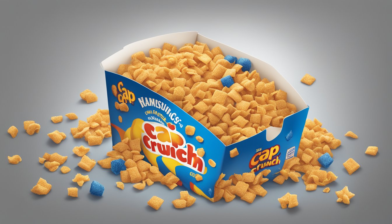 A box of Cap'n Crunch cereal sits open, with a few pieces spilling out. The cereal inside is stale and clumped together, with a faint odor of spoilage