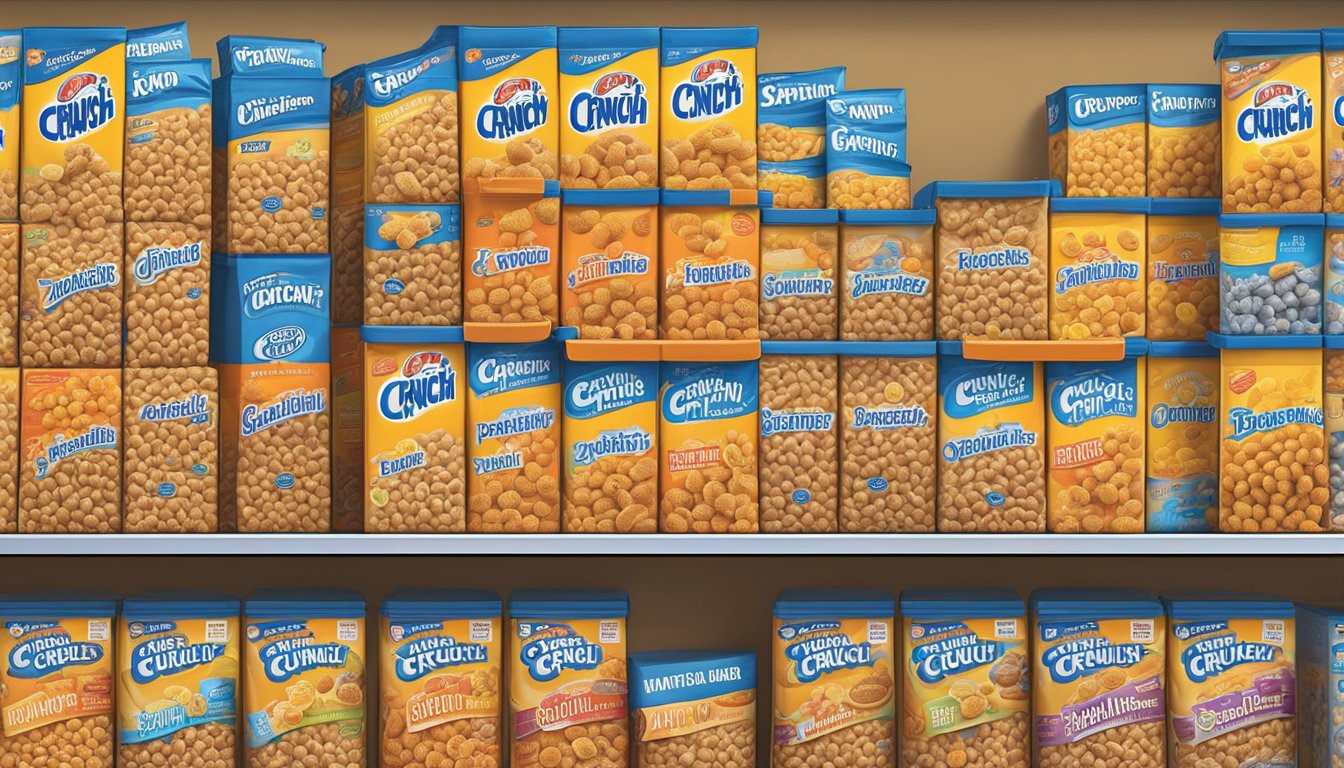 A pantry shelf with neatly organized boxes of Cap'n Crunch cereal, each box sealed and labeled with expiration dates