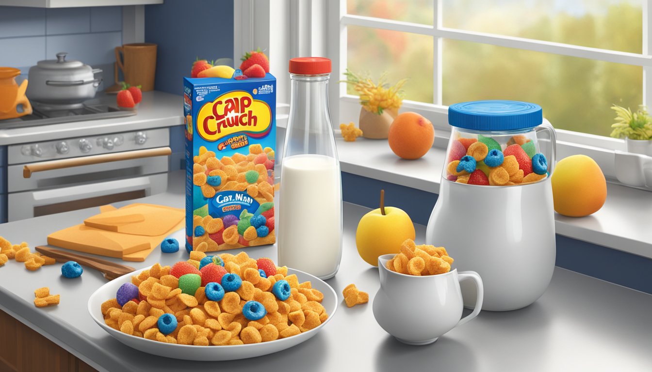 A box of Cap'n Crunch cereal sits on a kitchen counter, surrounded by colorful fruit and a jug of milk. The cereal is sealed and fresh