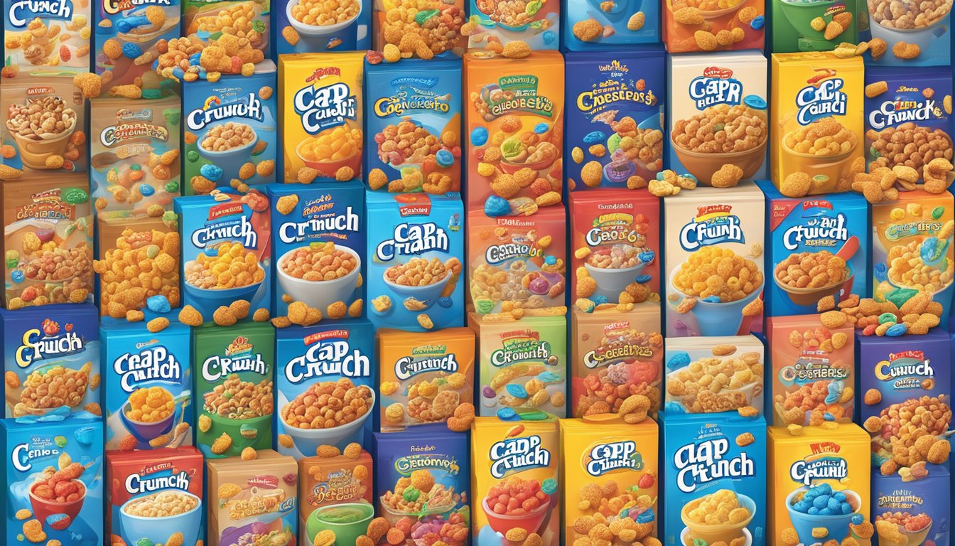 A colorful box of Cap'n Crunch cereal sits on a kitchen counter, surrounded by various flavors and varieties of the popular breakfast cereal