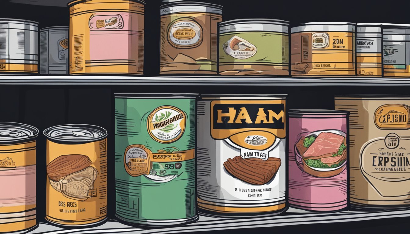 A can of ham sits on a shelf, surrounded by other canned goods. The expiration date is clearly visible, showing how long it will last