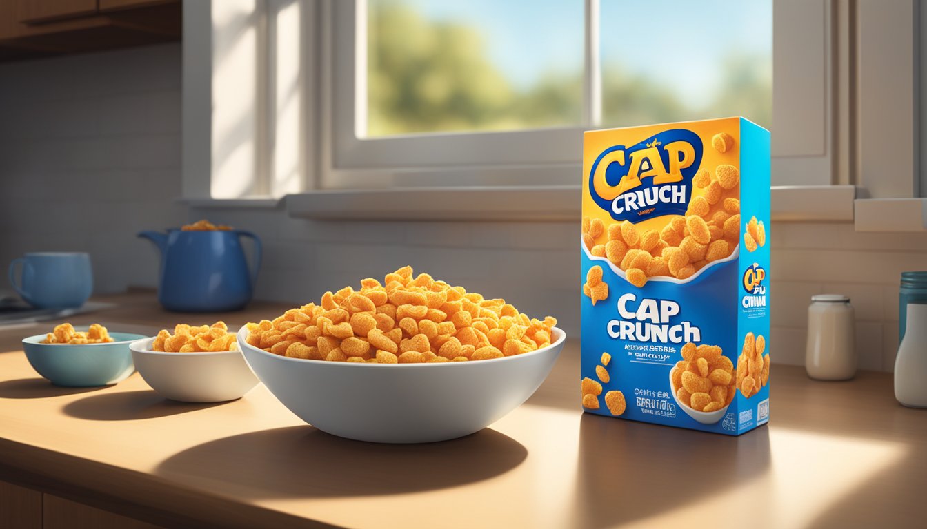 A bowl of Cap'n Crunch cereal sits on a kitchen counter next to a box of the cereal. The morning light streams in through the window, casting a warm glow on the scene