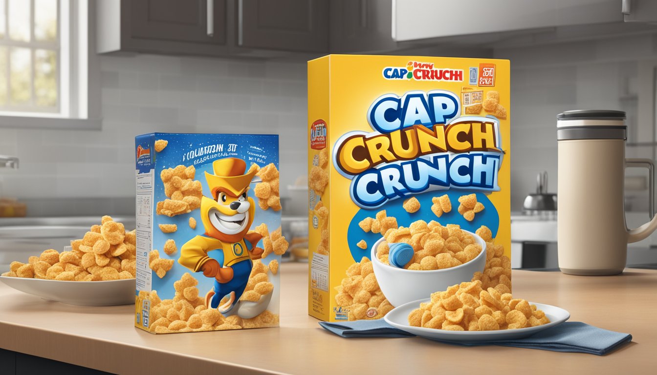 A box of Cap'n Crunch cereal sits on a kitchen countertop, surrounded by a calendar showing the current date and a clock displaying the time