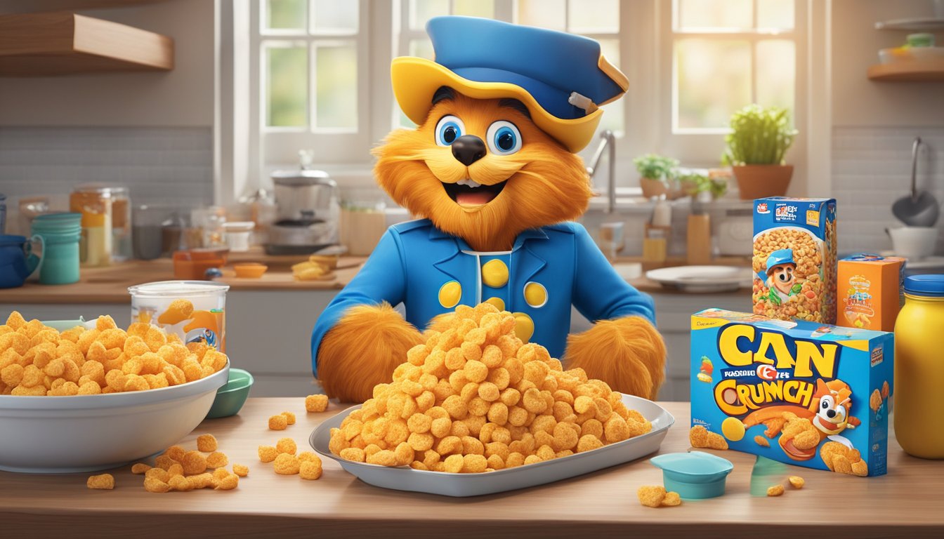 A box of Cap'n Crunch cereal sits on a kitchen counter, surrounded by various breakfast items. The vibrant colors and playful mascot on the box convey a sense of fun and nostalgia