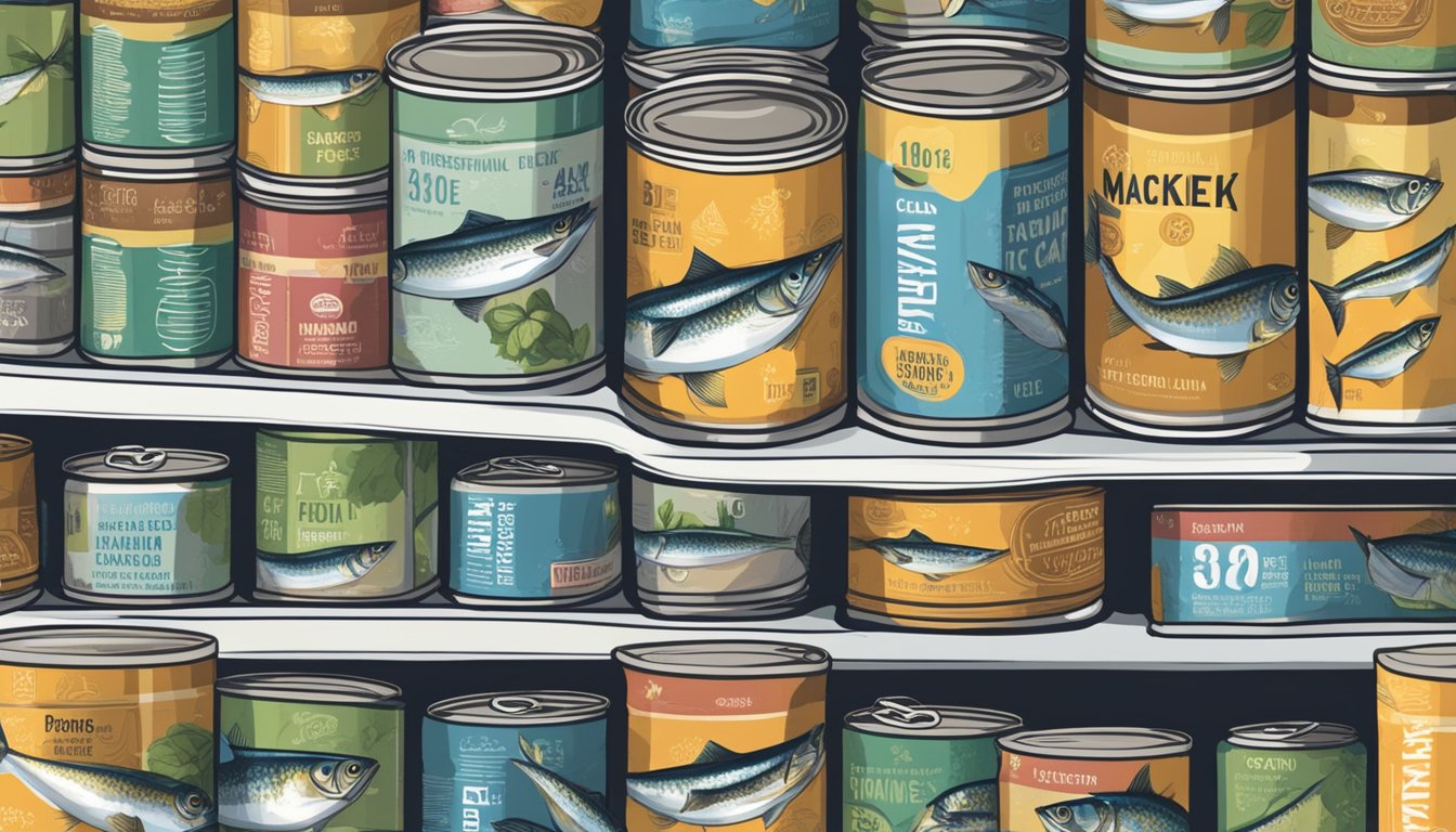 A can of mackerel sits on a shelf, surrounded by other canned goods. The label on the can indicates the expiration date