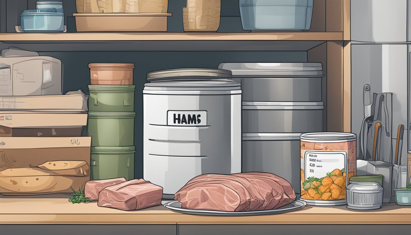 A can of ham sits on a shelf in a refrigerator, surrounded by various leftovers and containers. A calendar on the wall indicates the current date