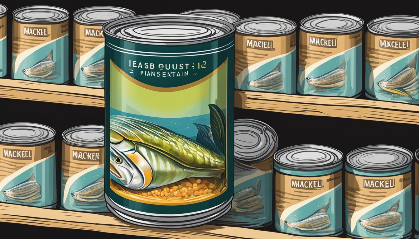 A can of mackerel sits on a shelf, surrounded by other canned goods. The label indicates the expiration date, while the canning process is visually represented through images of fish and preservation methods